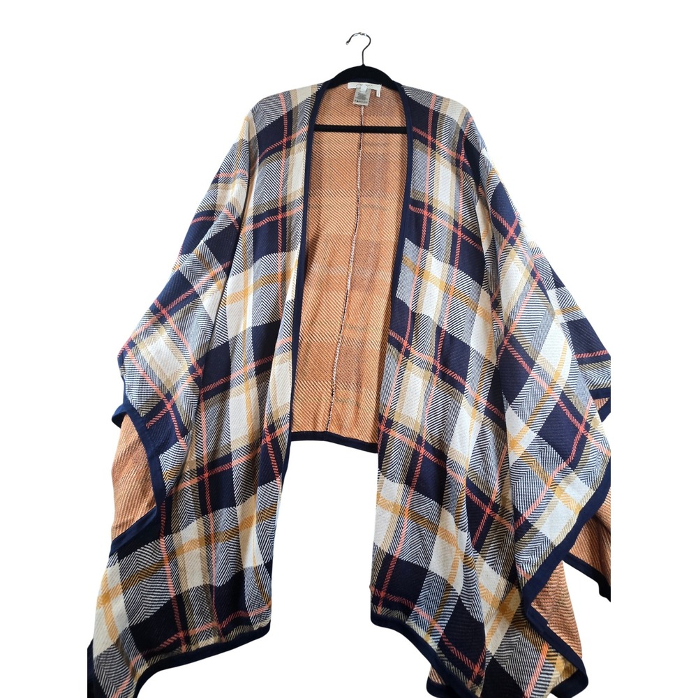 Foxcroft NYC Womens 1X Plaid Knit Poncho Wrap Navy Orange Cotton Modal Blend